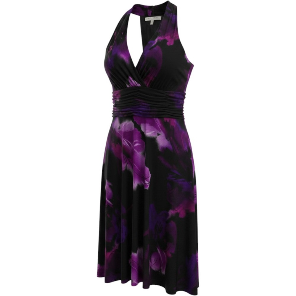 Evan-Picone Petite Purple Black Floral Halter Dress Ruched Empire Waist 12P HoCo
